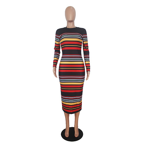 Colorful Striped Round Collar Long Sleeves Skinny Maxi Dress SHD-9187