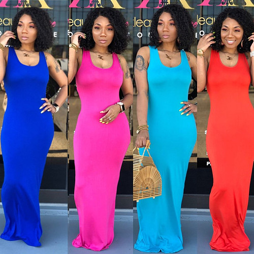 Solid Color U Neck Sleeveless Skinny Floor-length Maxi Dress SFY-016