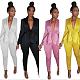 Women Solid Color Long Sleeves Deep V Two Pieces Set SFY-056