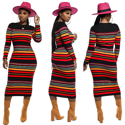 Colorful Striped Round Collar Long Sleeves Skinny Maxi Dress SHD-9187
