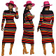Colorful Striped Round Collar Long Sleeves Skinny Maxi Dress SHD-9187