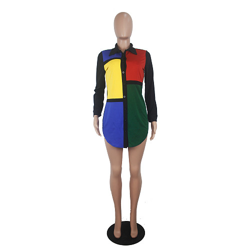 Stylish Patchwork Long Sleeves Buttons Blouse Dress SHD-9189