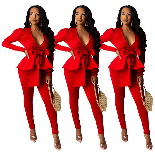Women Solid Color Deep V Bowknot Two Pieces Suits SHD-9203
