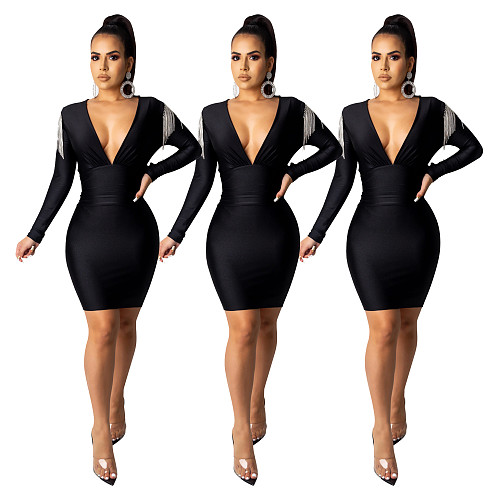 Sexy Deep V Tassel Wrap Hips Nightclub Mini Dress SHD-9196