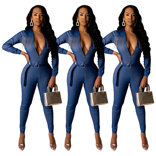 Fashion Denim Tassel Skinny Long Jumpsuit SHD-9210