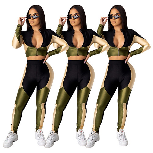 Leisure Women Patchwork Full Sleeves Skinny Two Pieces Set SHD-9185