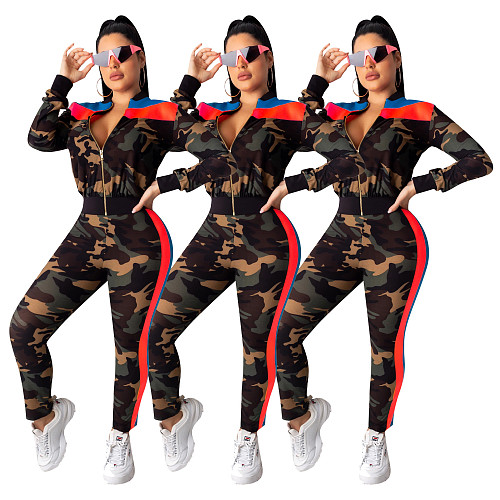 Camouflage Prints Patchwork Zipper Tight 2 Pieces Set SHD-9176
