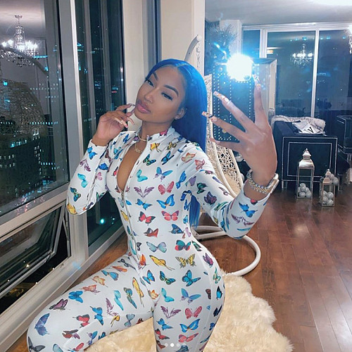 Leisure Printed Zipper Skinny Long Jumpsuit YF-9590