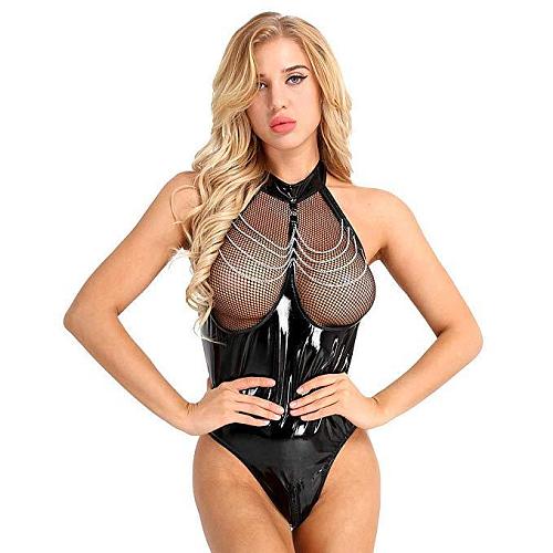 Black Leather Perspective Chain Sexy Bodysuit YQ-8031