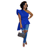 Solid Color Single Shoulder Flounced Irregular Tops TE-3976
