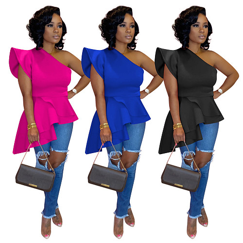 Solid Color Single Shoulder Flounced Irregular Tops TE-3976