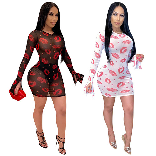 Lips Print Perspective Mesh Sheer Sexy Nightclub Dress TE-3938