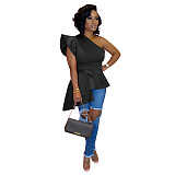 Solid Color Single Shoulder Flounced Irregular Tops TE-3976