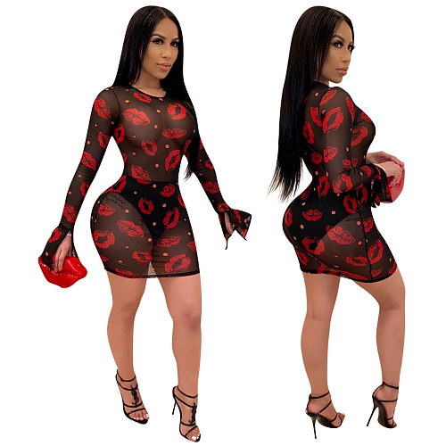 Lips Print Perspective Mesh Sheer Sexy Nightclub Dress TE-3938