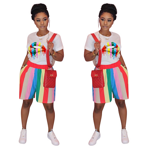 Lips Prints Tops with Stripes Shorts 2pcs Sets TE-3997