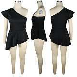 Solid Color Single Shoulder Flounced Irregular Tops TE-3976