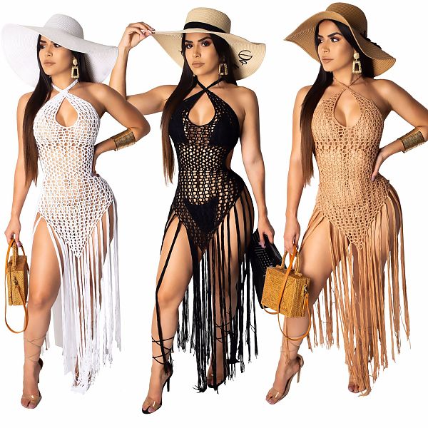 Sexy Tassel Backless Halter Beach Dress OSM-4065