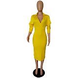 Solid Color V Neck Batwing Sleeves Skinny Office Dress NK-8385