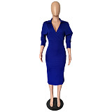 Solid Color V Neck Batwing Sleeves Skinny Office Dress NK-8385
