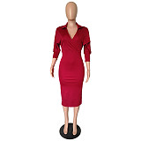Solid Color V Neck Batwing Sleeves Skinny Office Dress NK-8385