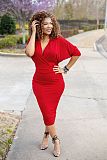Solid Color V Neck Batwing Sleeves Skinny Office Dress NK-8385