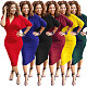 Solid Color V Neck Batwing Sleeves Skinny Office Dress NK-8385