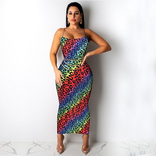 Stylish Leopard Printed Straps Skinny Maxi Dress TE-3812
