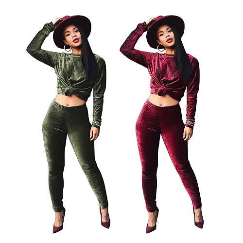 Solid Color Velvet Long Sleeves Bodycon Pants Set 2 Pieces MOF-5126