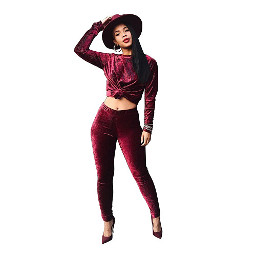 Solid Color Velvet Long Sleeves Bodycon Pants Set 2 Pieces MOF-5126