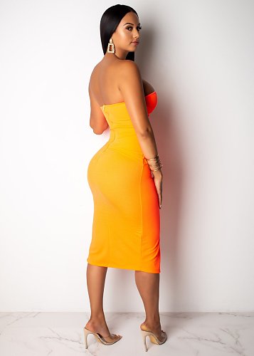 Sexy Wrapped Chest Split Orange Nightclub Maxi Dress JH-112