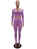 Leisure Women Hollow Out Crop Top and Bodycon Pants 2 Pieces Set CM-179