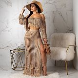 Mesh Off Shoulder Long Sleeve Tops Tassels Maxi Dress Set TR-938