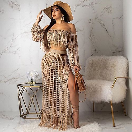 Mesh Off Shoulder Long Sleeve Tops Tassels Maxi Dress Set TR-938