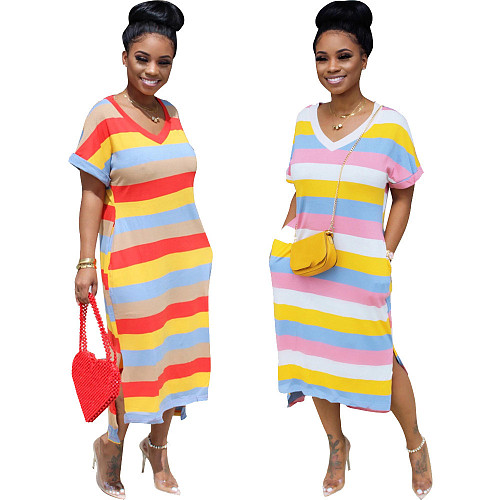 Leisure Stripes Short Sleeves Loose Split Maxi Dress SFY-111