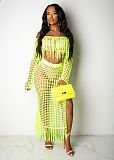 Mesh Off Shoulder Long Sleeve Tops Tassels Maxi Dress Set TR-938