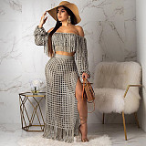 Mesh Off Shoulder Long Sleeve Tops Tassels Maxi Dress Set TR-938