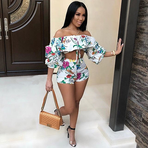 Flower Printing Off Shoulder Blouse Shorts Set BN-9071