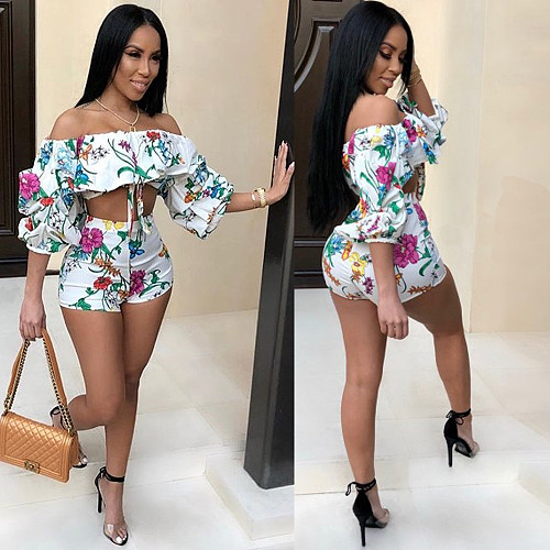 Flower Printing Off Shoulder Blouse Shorts Set BN-9071