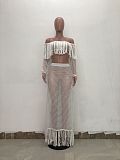 Mesh Off Shoulder Long Sleeve Tops Tassels Maxi Dress Set TR-938