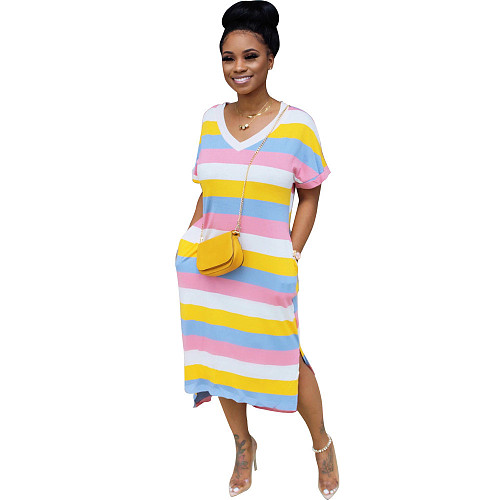Leisure Stripes Short Sleeves Loose Split Maxi Dress SFY-111