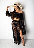 Mesh Off Shoulder Long Sleeve Tops Tassels Maxi Dress Set TR-938