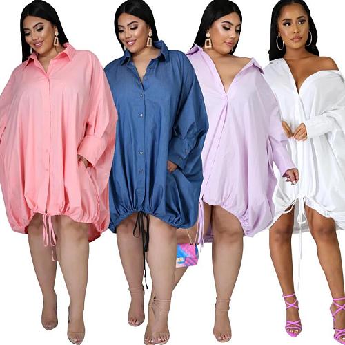 Solid Color Full Sleeves Loose Midi Blouse Dress SFY-002