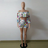 Flower Printing Off Shoulder Blouse Shorts Set BN-9071