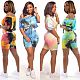 Stylish Tie-dye Oblique Shoulder Skinny Shorts 2 Pieces Suits SMD-2022