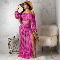 Mesh Off Shoulder Long Sleeve Tops Tassels Maxi Dress Set TR-938