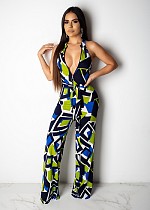 Geometric Printed Sleeveless Long Jumpsuit (with Belt) ML-7200