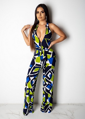 Geometric Printed Sleeveless Long Jumpsuit (with Belt) ML-7200