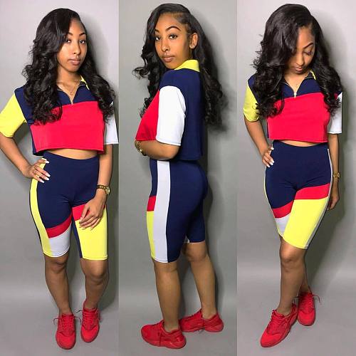Fashion Patchwork Lapel Crop Top and Sport Shorts 2 Pieces Suits LSL-6142