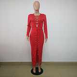 Red Long Sleeves Lace-up Skinny Maxi Dress BN-9046