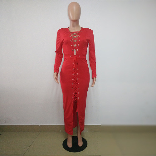 Red Long Sleeves Lace-up Skinny Maxi Dress BN-9046